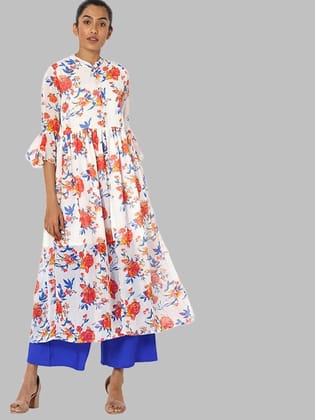 Women White & Orange Floral Printed Georgette Kurta