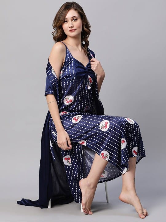 Printed Satin Maxi Nightdress With Robe