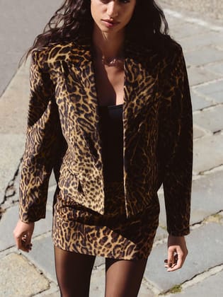 Animal Print Crop Blazer & Skirt Coord Set-Brown / S