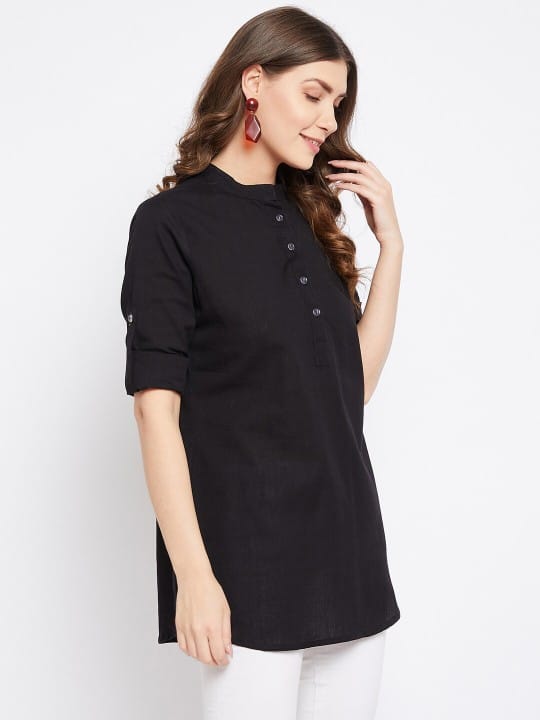 Women Green Mandarin Collar Pure Cotton Tunic