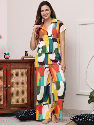Multi Color Abstract Printed Viscose Rayon Fabric Night Suit  For Women-S