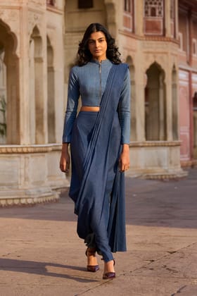 DENIM SARI DRAPE SKIRT-XXL / Indigo
