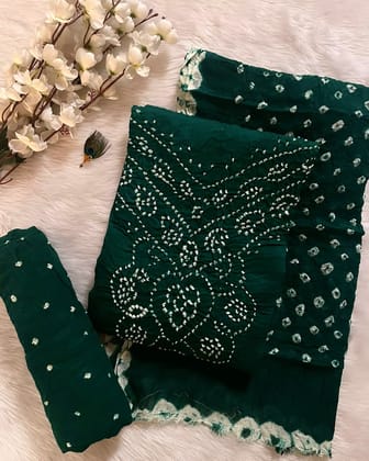 Cotton Satin Authentic Hand Crafted Kutch Bandhani Dress Material-Unstitched / Green