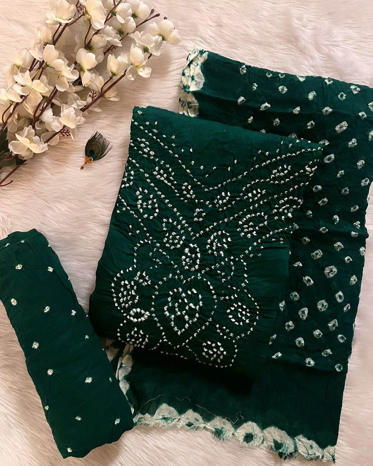 Cotton Satin Authentic Hand Crafted Kutch Bandhani Dress Material-Unstitched / Green