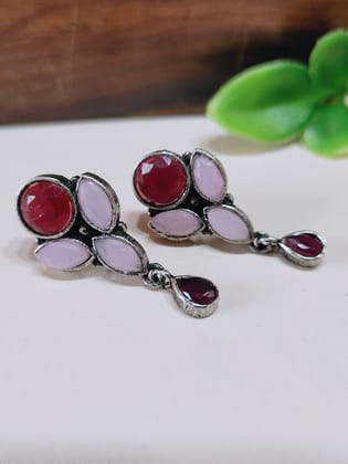 Premium Quality Oxidised Office-Going Stud Earrings for Everyday Style | Sarichka-Pink+Red