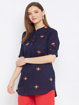 Navy Blue & Red Mandarin Collar Embroidered Tunic