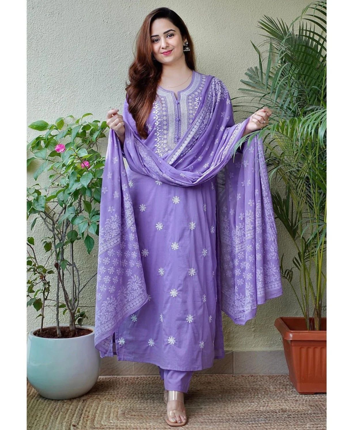 Lavender Printed Premium Cotton Suit-S