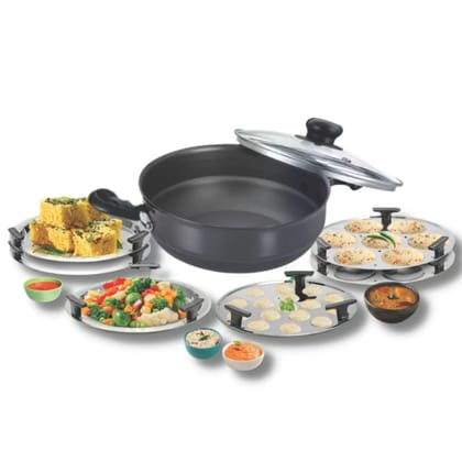 Softel Hard Anodised Multipurpose Kadai with 6 Plates | Hindalco Material | Induction Compatible | Idli, Dhokla, Patra & Momos Maker | Black