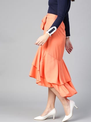 Women Coral Orange Ruffled Layered A-line Skirt