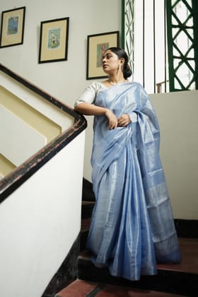 Weaves of Bengal - Sitara - Tissue Zari Blue Onjona  saree