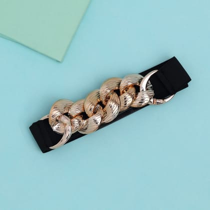 Gold & Black Color Kamarband Elastic Waist Belt For Women//Girls (KMBND493GLD)-Adjustable Belt / Gold / Fabric With Good Quality Gold Plated