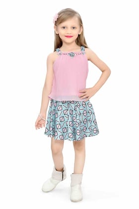 Be:Kids Enchanted Summer Pleated Pink Tank Top and Blue Printed Skater Skirt Set