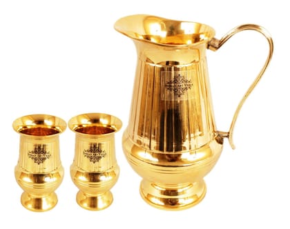 IndianArtVilla Pure Brass Vertical Lining Design Set of 1 Jug 1100 ML with 2 Glasses 250 ML, Drinkware Set