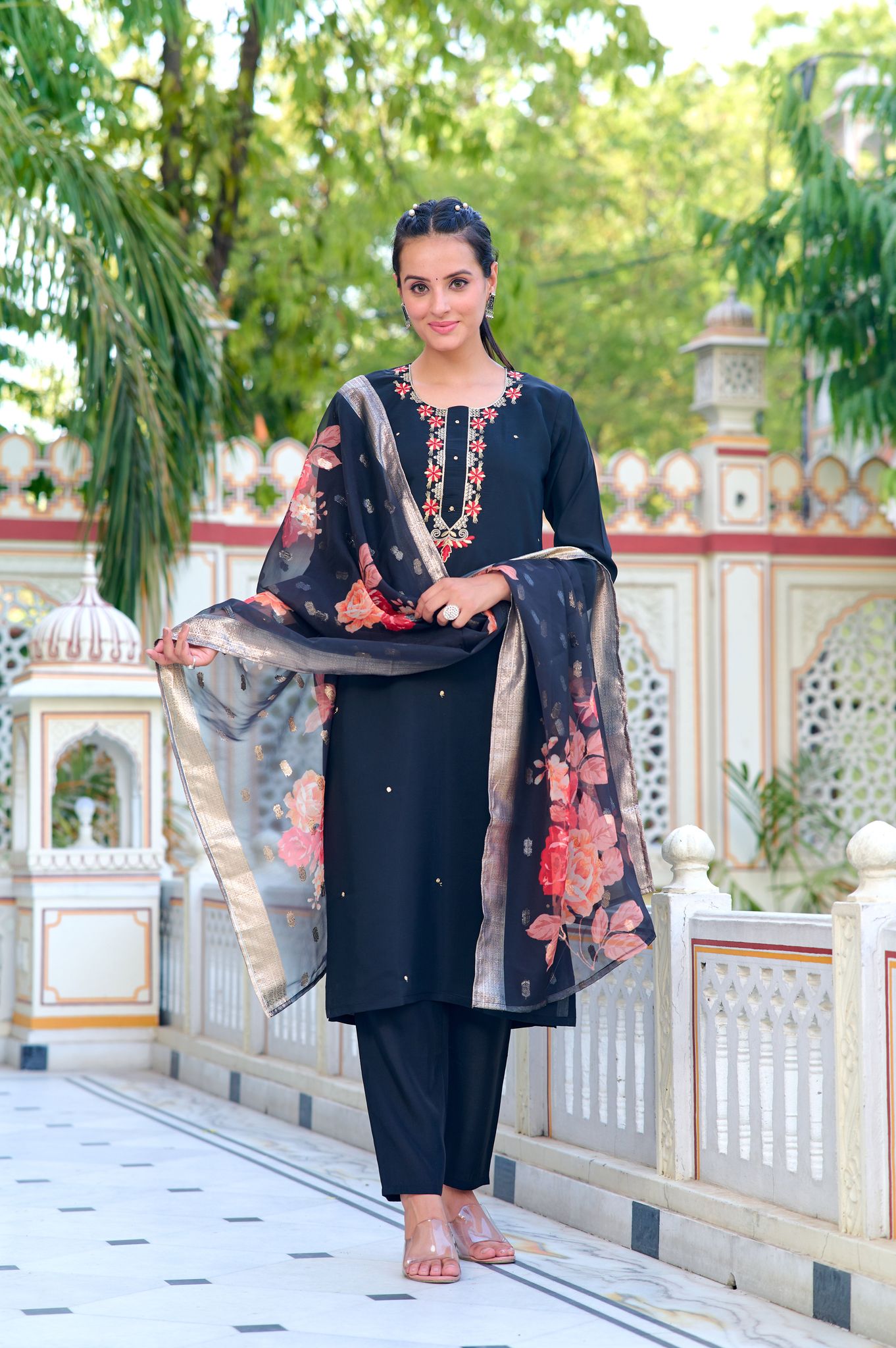 BLACK COTTON EMBROIDERY WORK KURTI PANT WITH FANCY DUPATTA-S