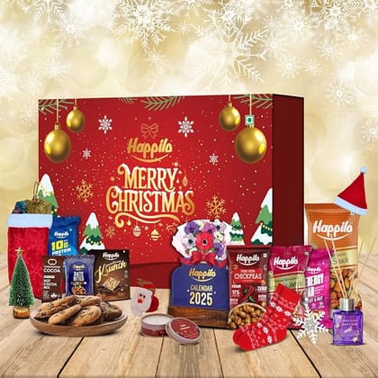 Happilo Christmas Gift Box Rudolph 500g Festive Treats & Snacks Santa Hat Reed Diffuser Calendar Playing Cards Pair Of Socks Stocking Candles Snowflake Hand Band Tree Protein Bars Cookies and Dry Fruits