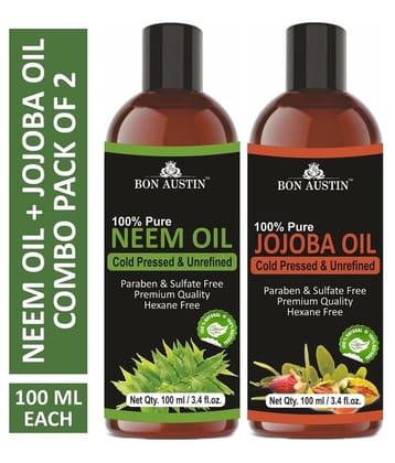 Bon Austin Premium Neem Oil & Jojoba Oil - Cold Pressed & Unrefined Combo pack of 2 bottles of 100 ml(200 ml)