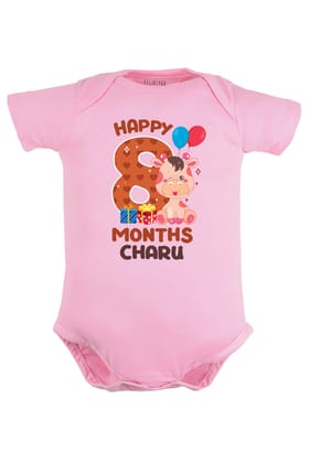 Eight Month Milestone Baby Romper | Onesies - Giraffe w/ Custom Name-Baby Romper / Pink / 0-3 Months