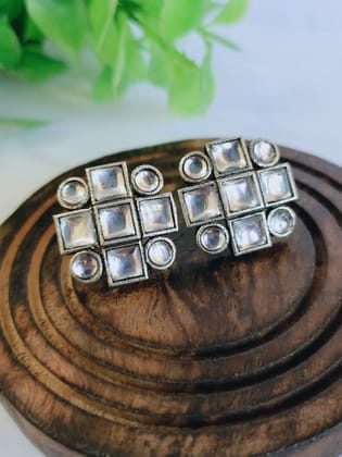 Oxidized Silver Stone Stud Earrings for Office Wear Elegance | Sarichka-White