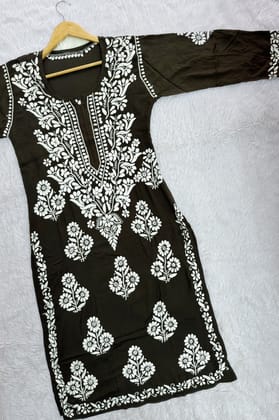 Jaya Chikankari Premium Modal Straight Kurta-Henna Green / S