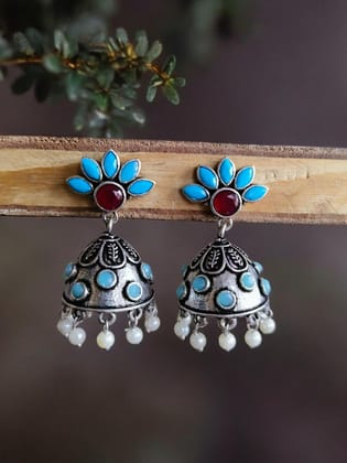 German Silver Pearl & Stone Designer Jhumka Earrings | Sarichka-Red+Mintblue