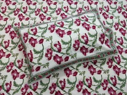 Pink-Multicolor Handblock Printed Cotton Double Bedcover with Pillow Covers (Set of 3) - Jaipur Handblocks