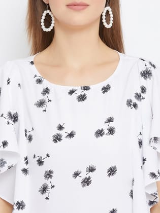 White & Black Printed Flutter Sleeves Crepe Regular Top
