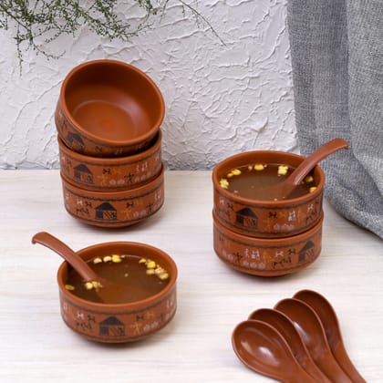 IKrafties Handmade Ceramic Warli Soup Bowls (Set of 6)