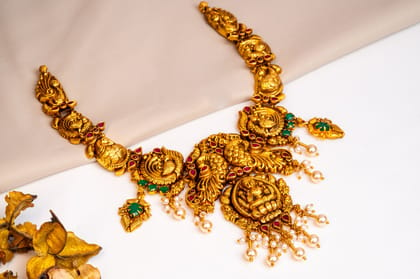 Lakshmi With Red Polkis Gold Plated Short Necklace