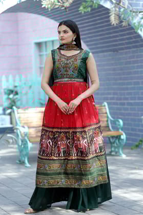Hand Mirror Work Green And Red Patola Designer Sharara Suit-S