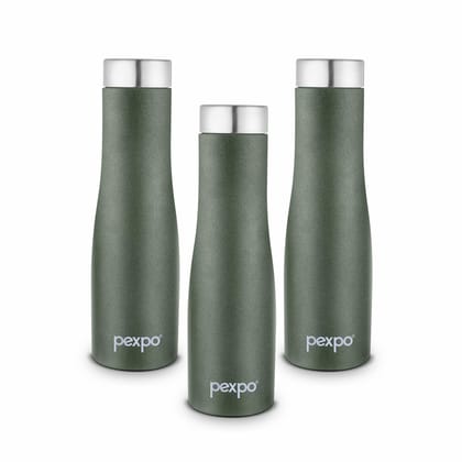 PEXPO Stainless Steel Fridge Water Bottle, 1000ml, Pack of 3, Military Green, Monaco | Eco-Friendly & Leak-Proof Water Bottle