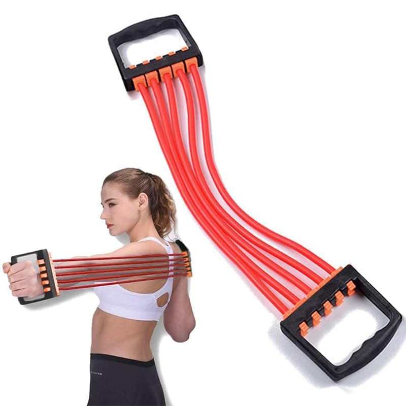 Tusmad Adjustable Rubber Chest Expander | Ideal for Yoga, Gym, Home Workout | 5 Premium Natural Latex Tubes to Adjust Training Intensity | Lightweight, Durable with Non-Slip Handle, (Red)