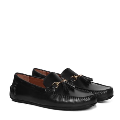 Luxurious Black Tassel Leather Loafers Shoe with Horse-bit Buckle-40/6