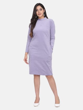 Collared High Neck Corduroy Stretch Dress - Mauve-M