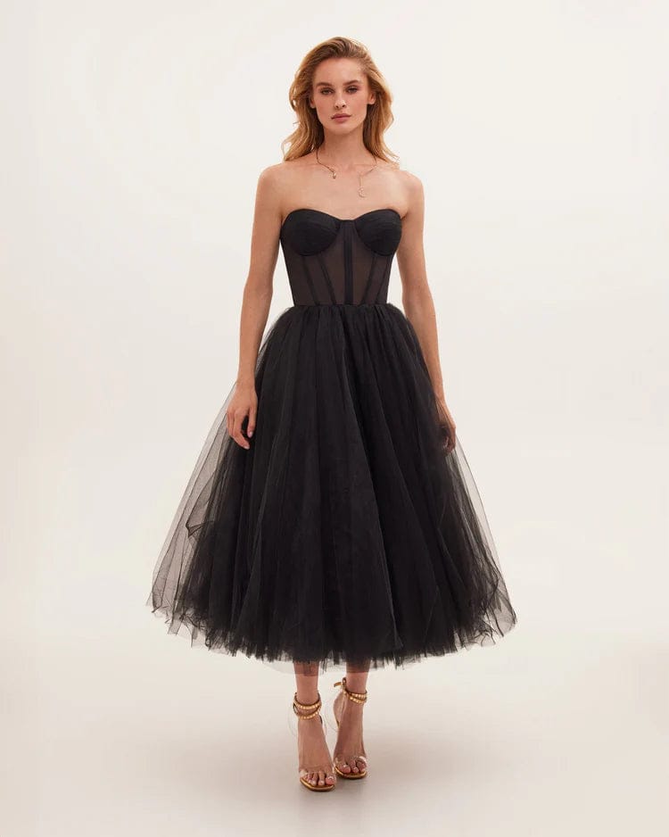 Black Strapless Puffy Dress-XXS