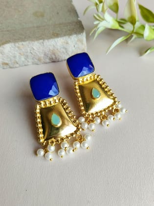 Handcrafted Gold-Plated Stud Earrings with Monalisa Stone & Pearls | Sarichka-Blue+Mint Blue