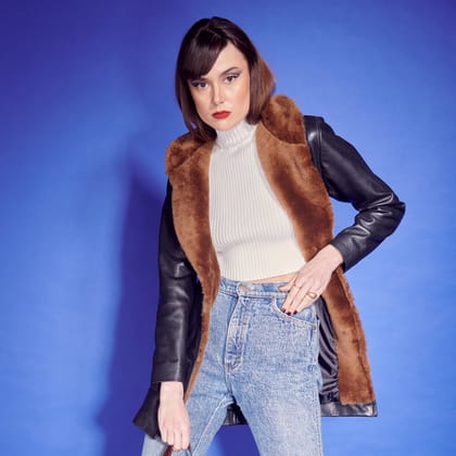 Black Leather Ladies Long Coat with Contrasting Tan Fur by Brune & Bareskin-XS