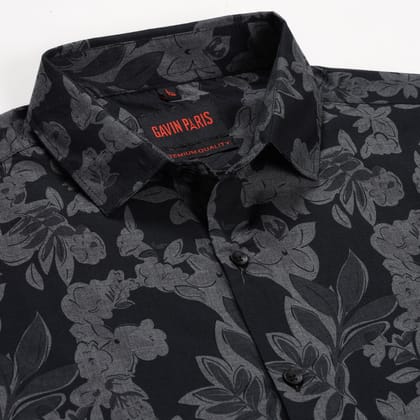 Black Floral Print Slim Fit Full Sleeve Shirt (GP146)-M-38 / Full Sleeve