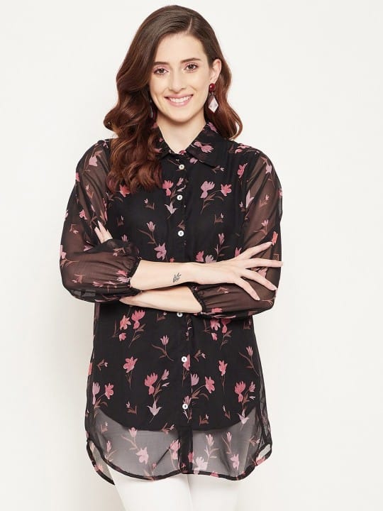 Shirt Collar Floral Printed Tunic