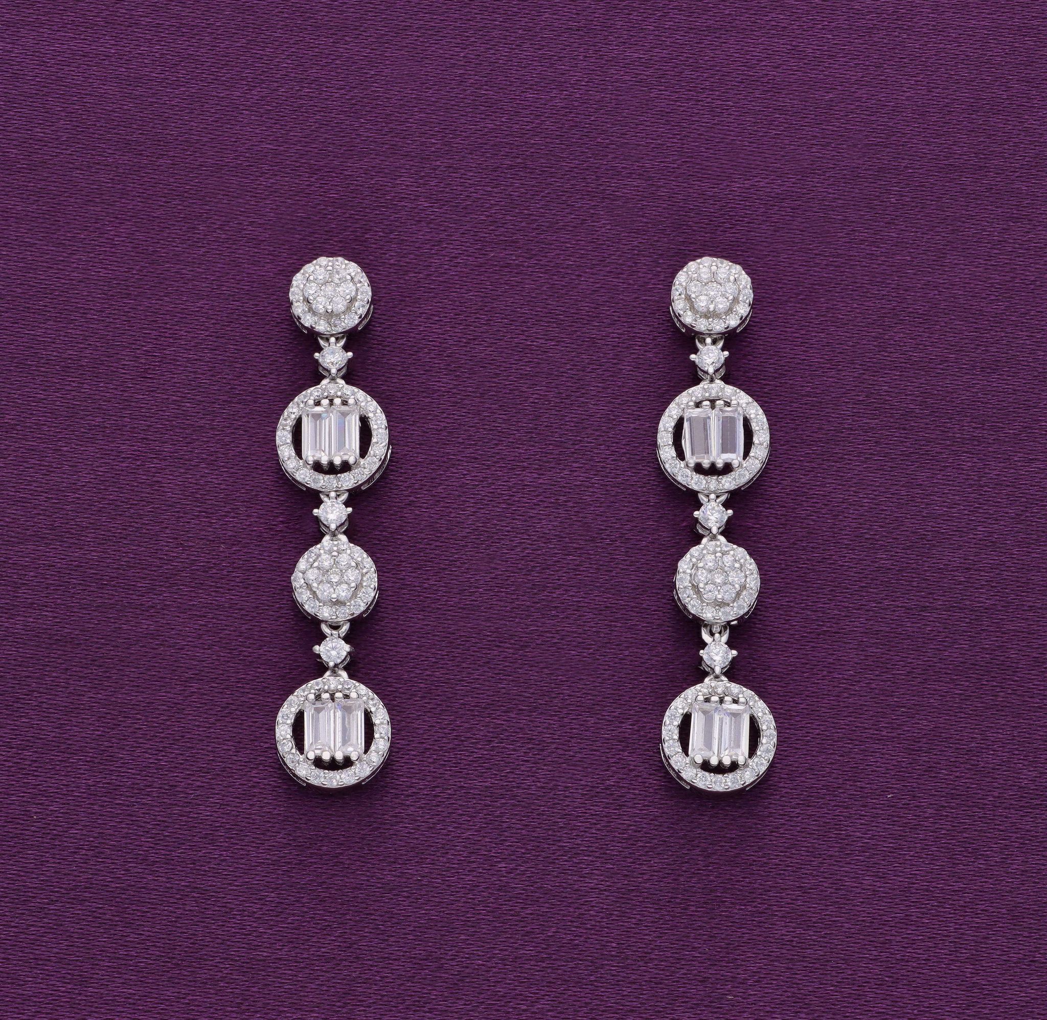 Circled Succession Dangler Silver Earrings-White Stone / Silver