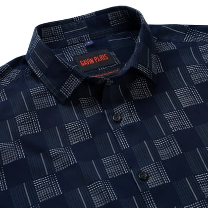 Navy Blue Geometric Check Slim Fit Full Sleeve Shirt (GP255)-M-38 / Full Sleeve