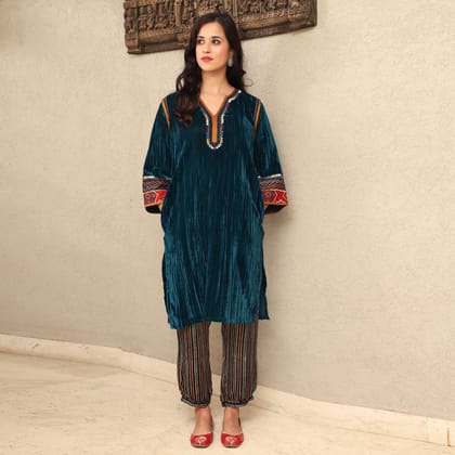 Teal Crushed Velvet  Embroidered-XS