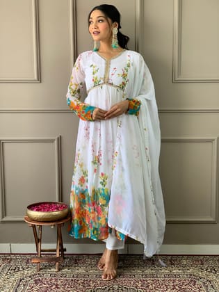 WHITE GEORGETTE EMBROIDERY WORK KURTI PANT WITH FANCY DUPATTA-S