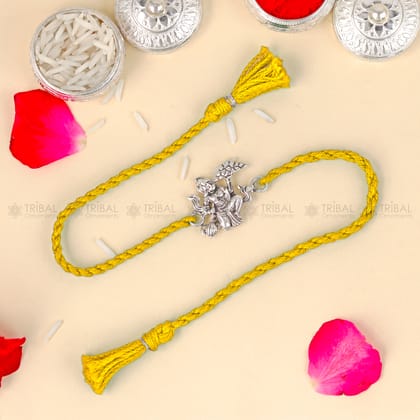 925 Sterling silver Lord Hanuman design pendant Rakhi bracelet Rakshabandhan festival rk333-Yellow Thread