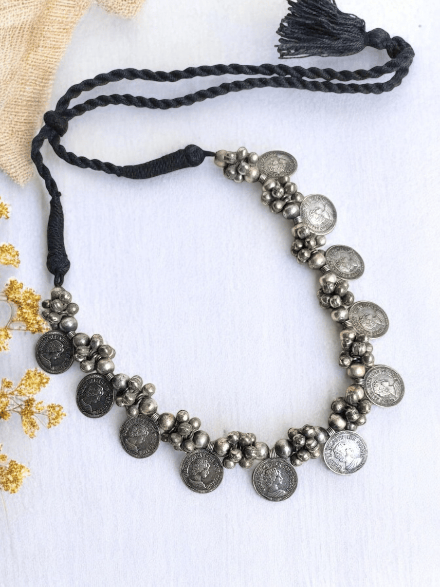 Oxidised Silver Coin & Ghungroo Necklace Set – Navratri | Sarichka