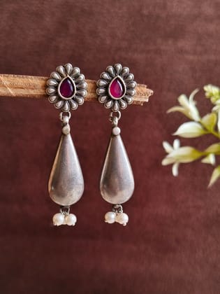 Lightweight Premium Oxidised Silver Tone Dangler Earrings for Elegance | Sarichka-Red