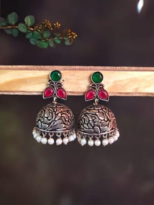 Traditional German Silver Jhumka with Intricate Design and Stunning Finish | Sarichka-Green+Red