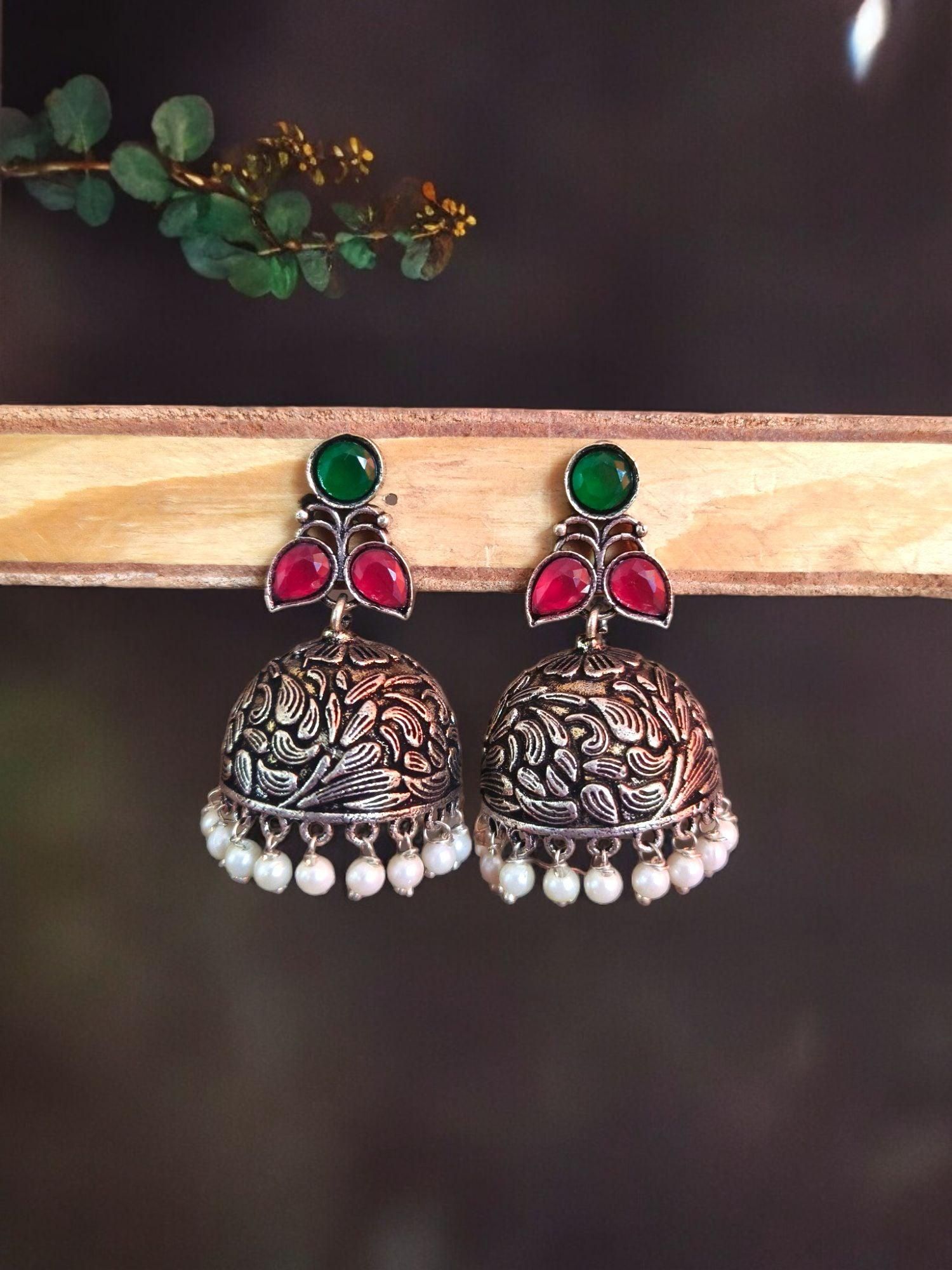 Traditional German Silver Jhumka with Intricate Design and Stunning Finish | Sarichka-Green+Red