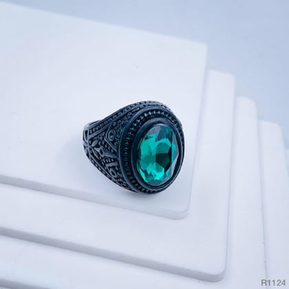 Stylish Daily Party Biker Alloy Crystal Green Round Ring For Men-Size: 23, Dia..19.9 mm/Circum..62.5 mm.