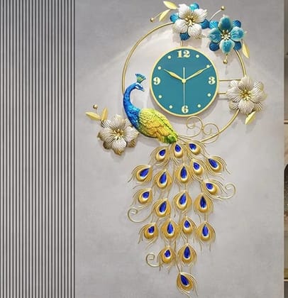 Decorative Peacock Metal  wall clock-Blue Dial