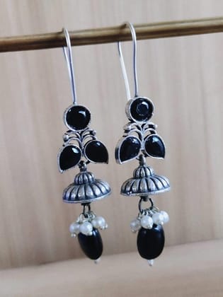 Silver Look-Alike Hook Earrings with Stones, Pearls & Colorful Beads | Sarichka-Black